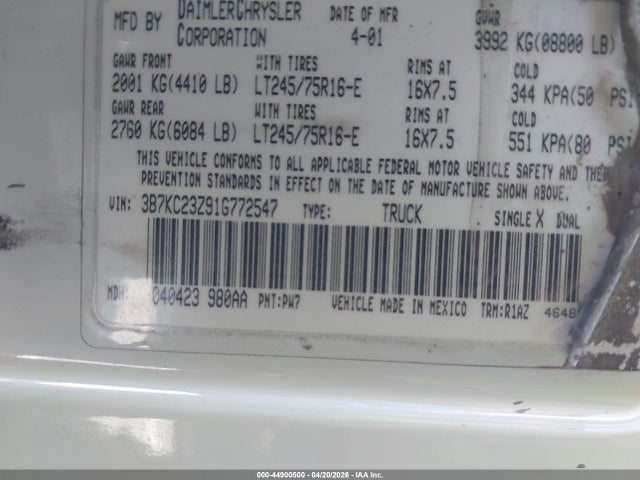 Продажа на аукционе авто 2001 Dodge Ram 2500 St, vin: 3B7KC23Z91G772547, номер лота: 44900500