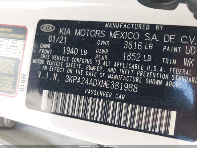 Продаж на аукціоні авто 2021 Kia Rio Lx, vin: 3KPA24ADXME381988, номер лоту: 44900530