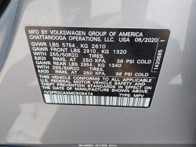 Продажа на аукционе авто 2021 Volkswagen Atlas 3.6l V6 Se W/technology R-line, vin: 1V2PR2CAXMC506474, номер лота: 44900534