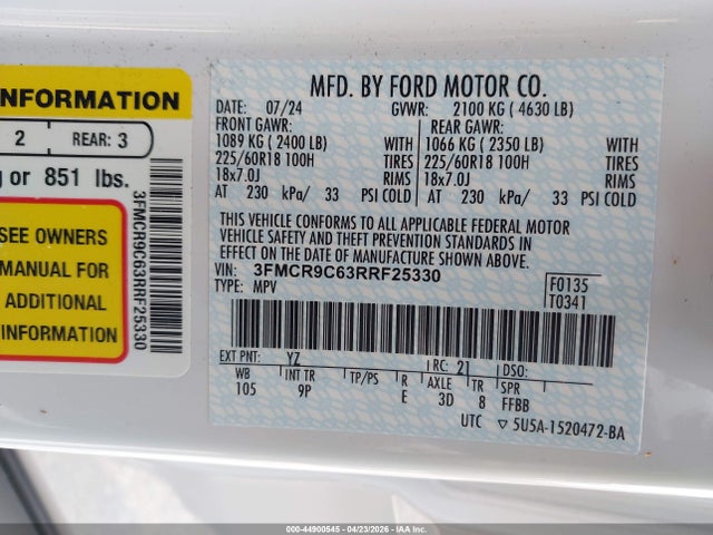 44900545 :رقم المزاد ، 3FMCR9C63RRF25330 vin ، 2024 Ford Bronco Sport Outer Banks مزاد بيع