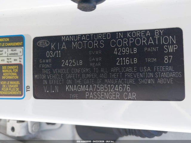 Продажа на аукционе авто 2011 Kia Optima Lx, vin: KNAGM4A75B5124676, номер лота: 44900550
