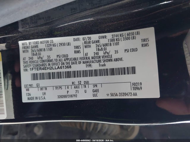 Продажа на аукционе авто 2020 Ford Ranger Xlt, vin: 1FTER4EH2LLA61368, номер лота: 44900562