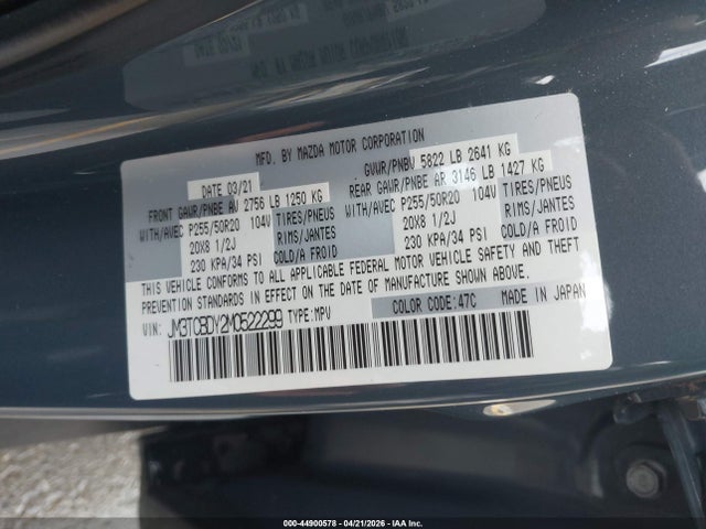 Продаж на аукціоні авто 2021 Mazda Cx-9 Carbon Edition, vin: JM3TCBDY2M0522299, номер лоту: 44900578