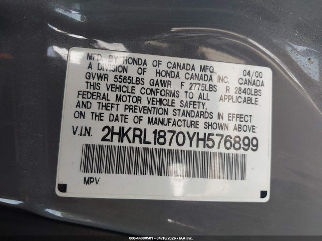 Продаж на аукціоні авто 2000 Honda Odyssey Ex, vin: 2HKRL1870YH576899, номер лоту: 44900581