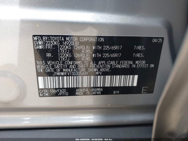 44900596 :رقم المزاد ، JTMRWRFV1SD305449 vin ، 2025 Toyota Rav4 Hybrid Xle مزاد بيع