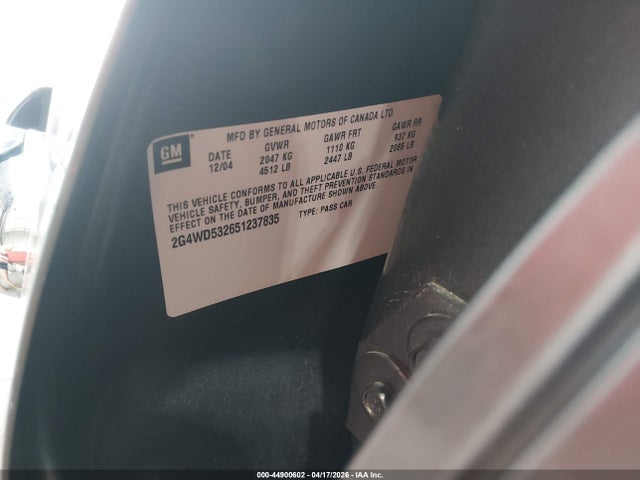 44900602 :رقم المزاد ، 2G4WD532651237835 vin ، 2005 Buick Lacrosse Cxl مزاد بيع