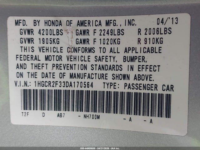 2013 Honda Accord Lx მანქანა იყიდება აუქციონზე, vin: 1HGCR2F33DA170564, აუქციონის ნომერი: 44900608