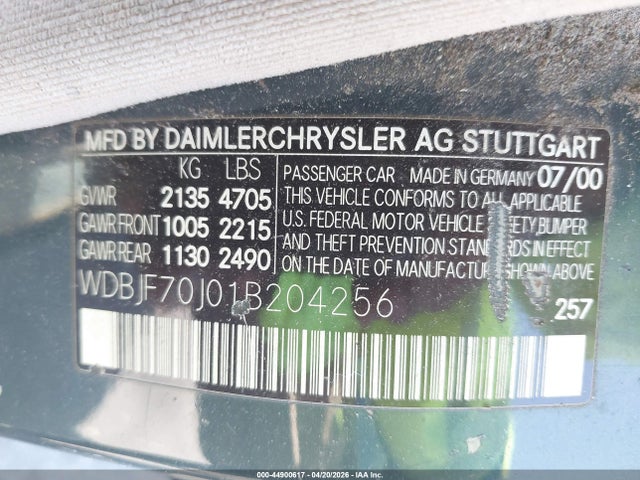 44900617 :رقم المزاد ، WDBJF70J01B204256 vin ، 2001 Mercedes-benz E 430 مزاد بيع