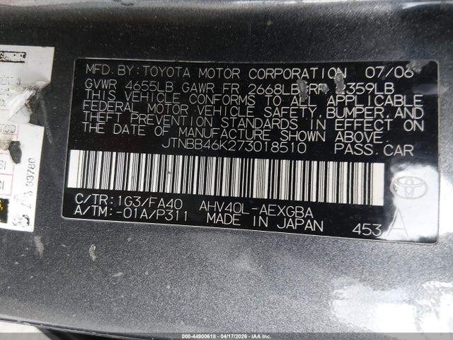 44900618 :رقم المزاد ، JTNBB46K273018510 vin ، 2007 Toyota Camry Hybrid مزاد بيع