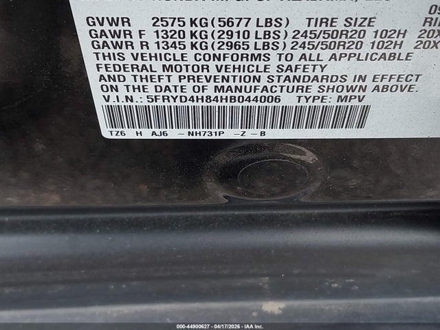 Aukcja sprzedaży 2017 Acura Mdx Advance Package, vin: 5FRYD4H84HB044006, numer aukcji: 44900627