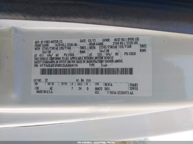 2012 Ford E-250 Commercial მანქანა იყიდება აუქციონზე, vin: 1FTNS2EW8CDA86616, აუქციონის ნომერი: 44900651