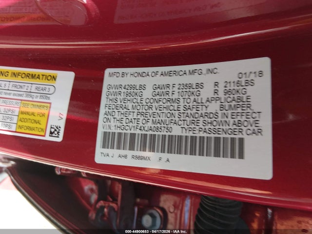 44900653 :رقم المزاد ، 1HGCV1F4XJA085750 vin ، 2018 Honda Accord Ex مزاد بيع
