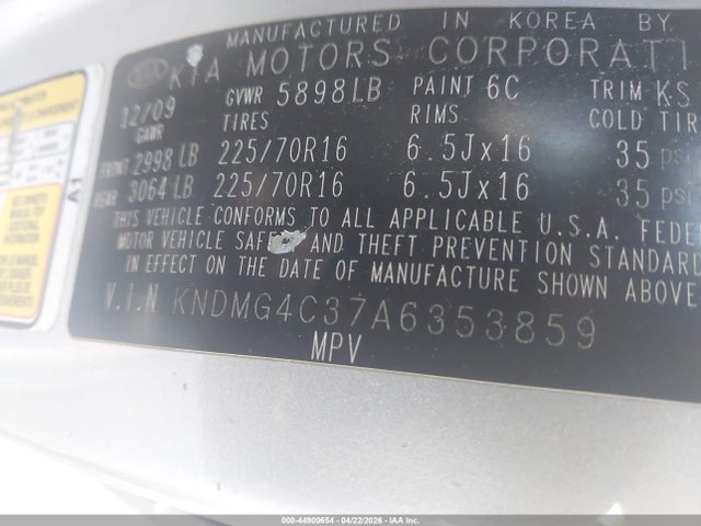 44900654 :رقم المزاد ، KNDMG4C37A6353859 vin ، 2010 Kia Sedona Lx مزاد بيع
