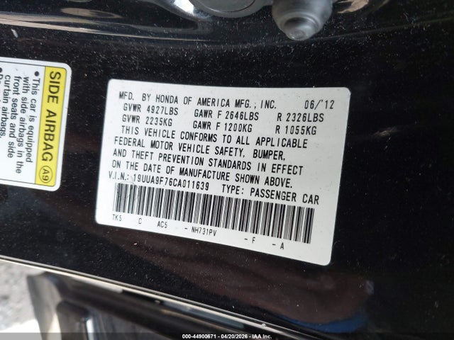 44900671 :رقم المزاد ، 19UUA9F76CA011639 vin ، 2012 Acura Tl 3.7 مزاد بيع