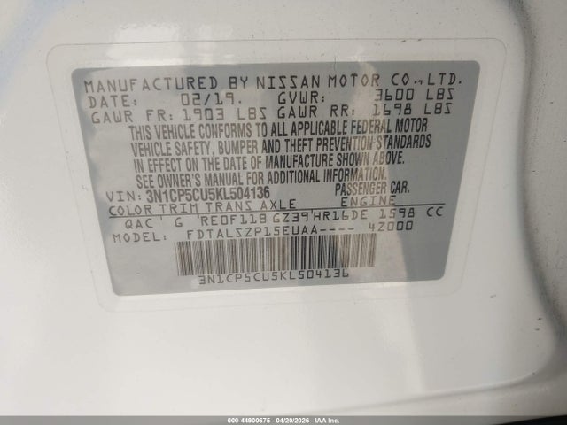 3N1CP5CU5KL504136 Nissan KICKS SV