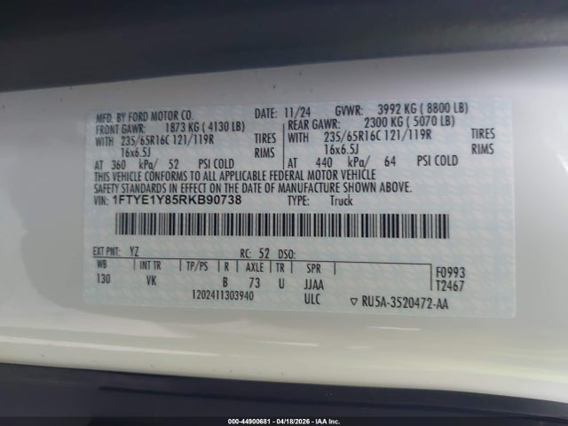 44900681 :رقم المزاد ، 1FTYE1Y85RKB90738 vin ، 2024 Ford Transit-150 مزاد بيع