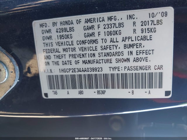 44900687 :رقم المزاد ، 1HGCP2E34AA039923 vin ، 2010 Honda Accord 2.4 Lx مزاد بيع
