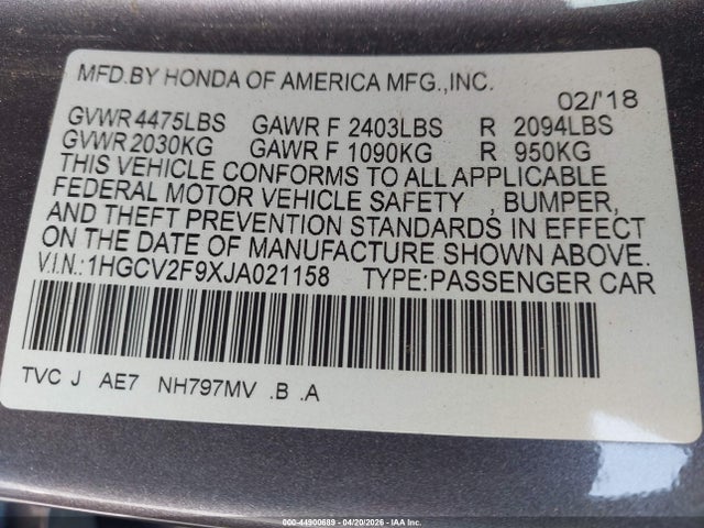 44900689 :رقم المزاد ، 1HGCV2F9XJA021158 vin ، 2018 Honda Accord Touring 2.0t مزاد بيع