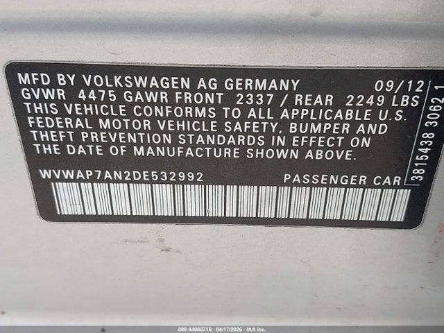 44900716 :رقم المزاد ، WVWAP7AN2DE532992 vin ، 2013 Volkswagen Cc 2.0t Sport مزاد بيع