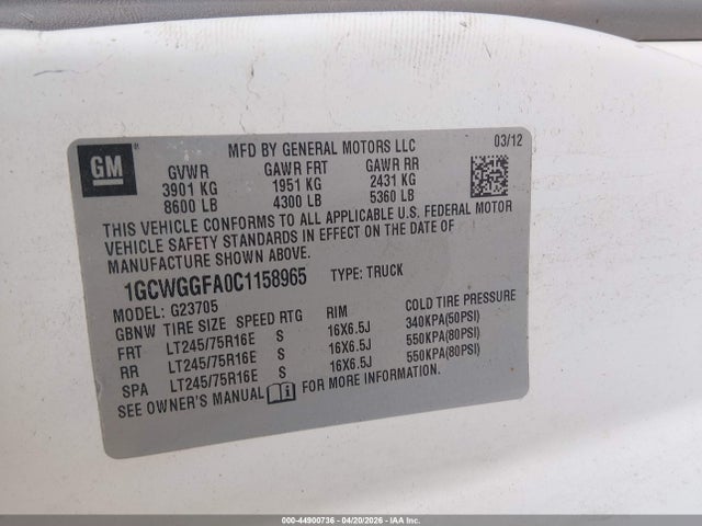 Aukcja sprzedaży 2012 Chevrolet Express 2500 Work Van, vin: 1GCWGGFA0C1158965, numer aukcji: 44900736