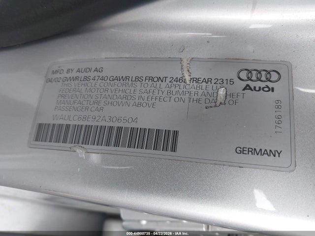 Продаж на аукціоні авто 2002 Audi A4 1.8t, vin: WAULC68E92A306504, номер лоту: 44900735