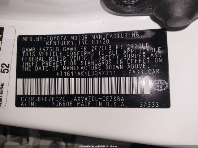 2020 Toyota Camry Se Nightshade Edition მანქანა იყიდება აუქციონზე, vin: 4T1G11AK4LU347311, აუქციონის ნომერი: 44900740
