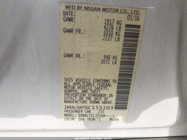 Aukcja sprzedaży 2016 Nissan Altima 2.5 Sl, vin: 1N4AL3AP5GC155103, numer aukcji: 44900748