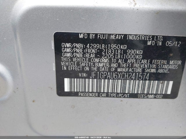 Aukcja sprzedaży 2012 Subaru Impreza 2.0i Sport Limited, vin: JF1GPAU6XCH241574, numer aukcji: 44900749