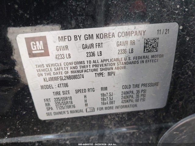44900753 :رقم المزاد ، KL4MMFSL2NB080374 vin ، 2022 Buick Encore Gx Fwd Essence مزاد بيع