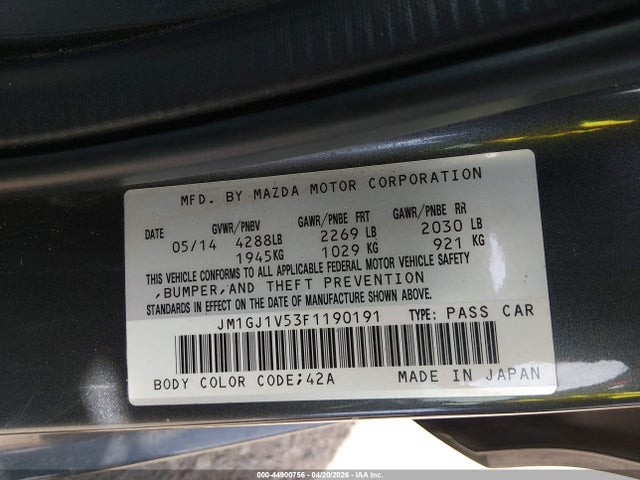 Aukcja sprzedaży 2015 Mazda Mazda6 I Touring, vin: JM1GJ1V53F1190191, numer aukcji: 44900756