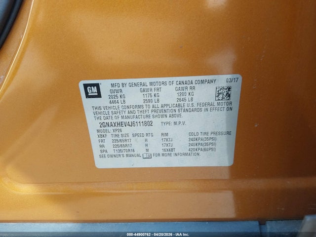 44900762 :رقم المزاد ، 2GNAXHEV4J6111802 vin ، 2018 Chevrolet Equinox Ls مزاد بيع