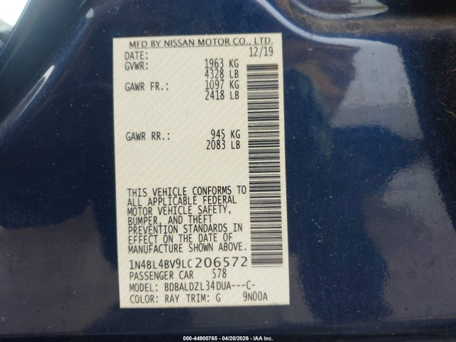 Продаж на аукціоні авто 2020 Nissan Altima S Fwd, vin: 1N4BL4BV9LC206572, номер лоту: 44900765