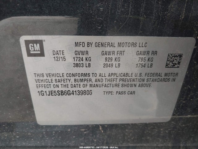 Продажа на аукционе авто 2016 Chevrolet Sonic Ltz Auto, vin: 1G1JE5SB6G4139806, номер лота: 44900783
