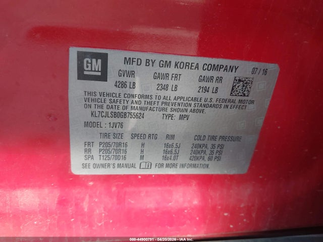 Aukcja sprzedaży 2016 Chevrolet Trax Lt, vin: KL7CJLSB0GB755624, numer aukcji: 44900791