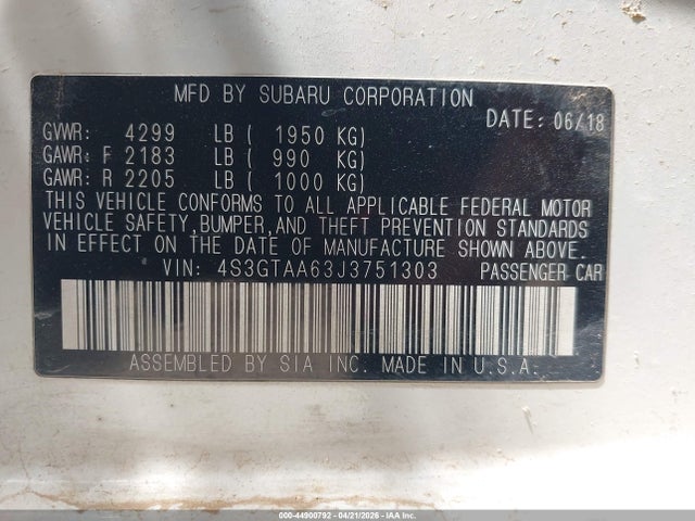 Продажа на аукционе авто 2018 Subaru Impreza 2.0i, vin: 4S3GTAA63J3751303, номер лота: 44900792