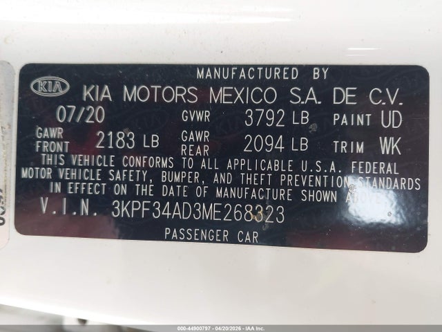 Продажа на аукционе авто 2021 Kia Forte Gt-line, vin: 3KPF34AD3ME268323, номер лота: 44900797