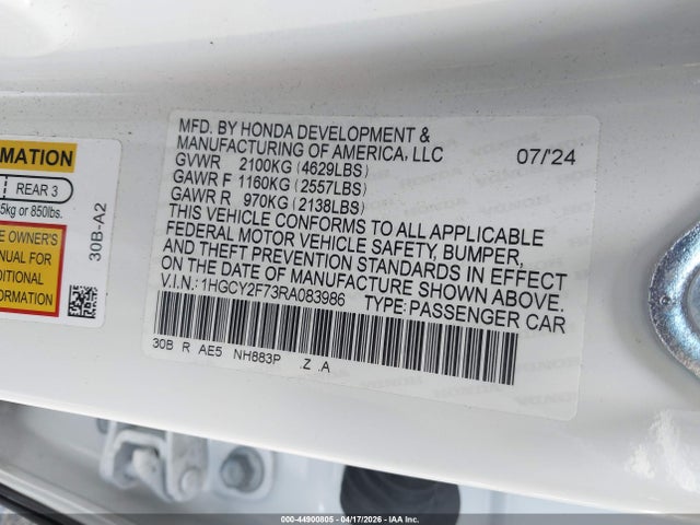 Продаж на аукціоні авто 2024 Honda Accord Hybrid Sport-l, vin: 1HGCY2F73RA083986, номер лоту: 44900805