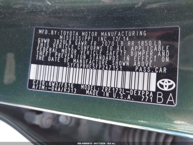 5YFBPRHE5FP247151 Toyota Corolla Le Eco Plus