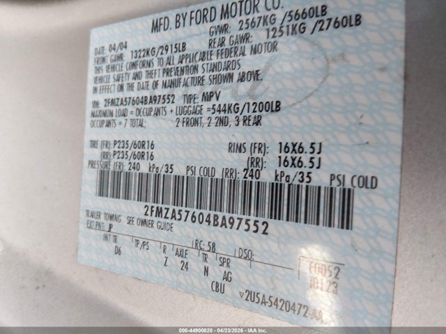 Aukcja sprzedaży 2004 Ford Freestar Ses, vin: 2FMZA57604BA97552, numer aukcji: 44900820