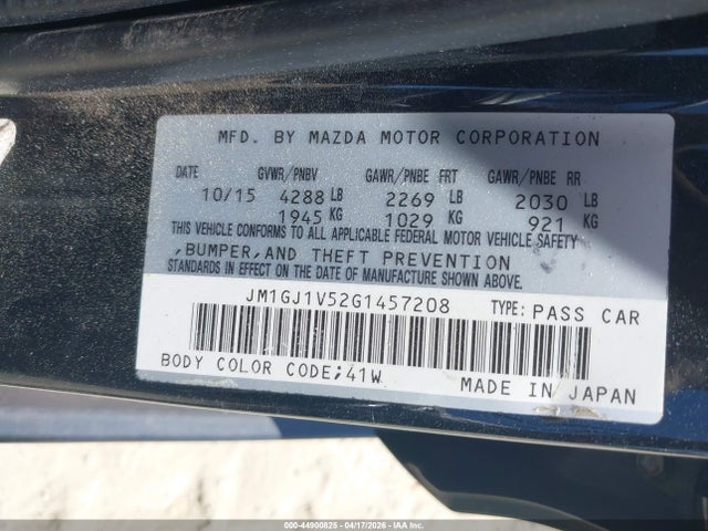 Aukcja sprzedaży 2016 Mazda Mazda6 I Touring, vin: JM1GJ1V52G1457208, numer aukcji: 44900825