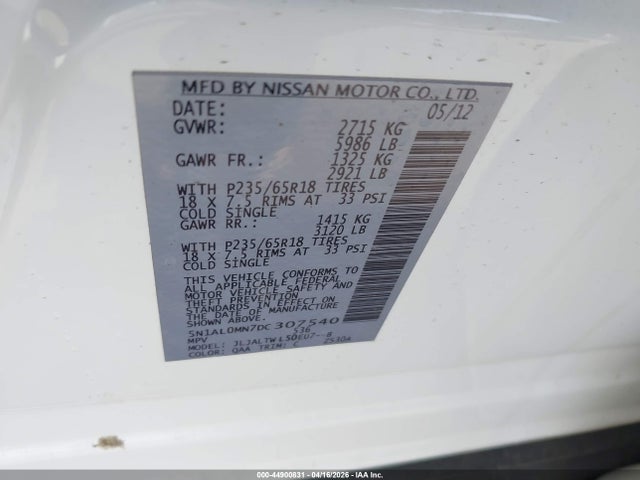 44900831 :رقم المزاد ، 5N1AL0MN7DC307540 vin ، 2013 Infiniti Jx35 مزاد بيع