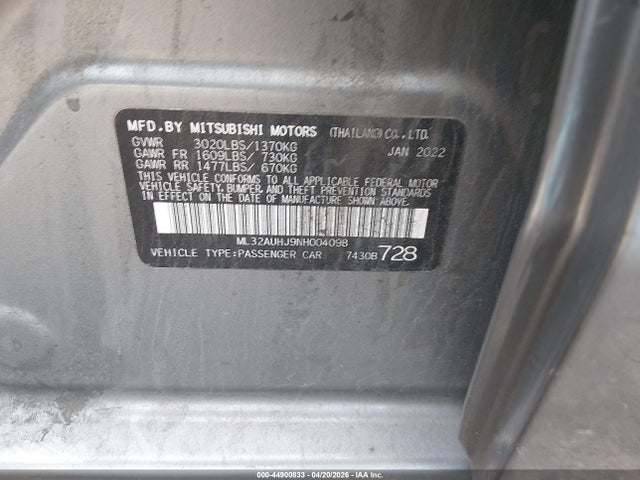 44900833 :رقم المزاد ، ML32AUHJ9NH004098 vin ، 2022 Mitsubishi Mirage Es/le مزاد بيع