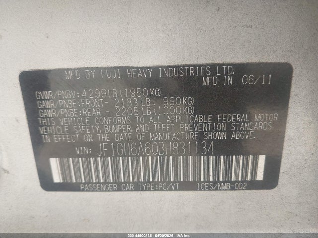 Продажа на аукционе авто 2011 Subaru Impreza 2.5i, vin: JF1GH6A60BH831134, номер лота: 44900835