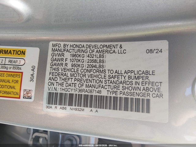 Aukcja sprzedaży 2024 Honda Accord Ex, vin: 1HGCY1F36RA087148, numer aukcji: 44900839