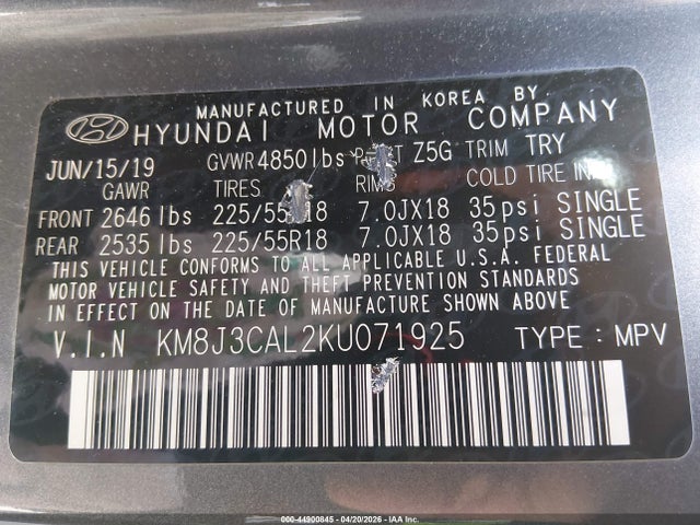 Aukcja sprzedaży 2019 Hyundai Tucson Sel, vin: KM8J3CAL2KU071925, numer aukcji: 44900845