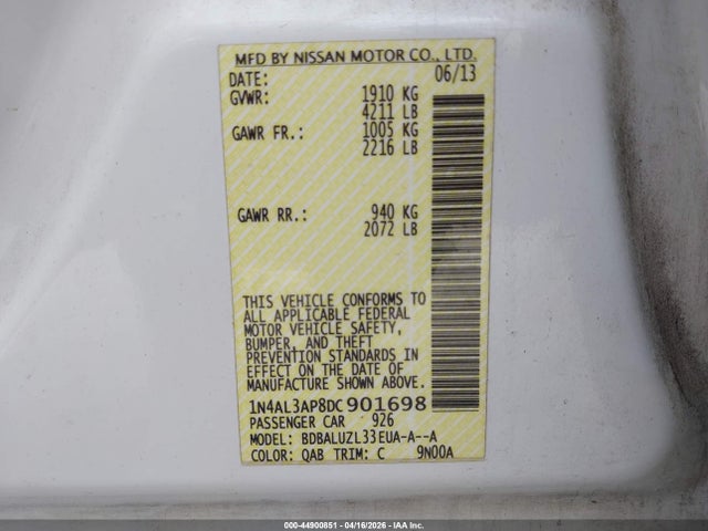 Aukcja sprzedaży 2013 Nissan Altima 2.5 Sv, vin: 1N4AL3AP8DC901698, numer aukcji: 44900851