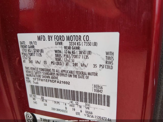 Aukcja sprzedaży 2013 Ford F-150 Xlt, vin: 1FTFW1EF6DFA21692, numer aukcji: 44900864