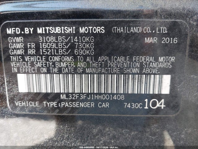 Aukcja sprzedaży 2017 Mitsubishi Mirage G4 Es, vin: ML32F3FJ1HH001408, numer aukcji: 44900865