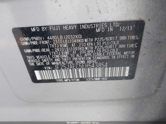 Aukcja sprzedaży 2014 Subaru Forester 2.5i Premium, vin: JF2SJAEC5EH543854, numer aukcji: 44900871