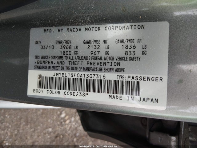 44900878 :رقم المزاد ، JM1BL1SF0A1307316 vin ، 2010 Mazda Mazda3 I Touring مزاد بيع